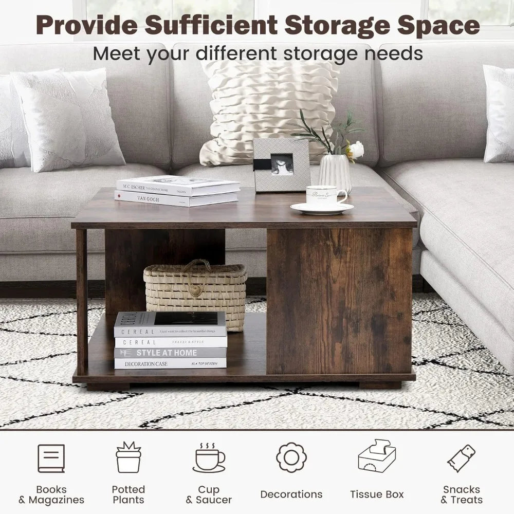 32” Square Coffee Table, 2-Tier Wooden Table with Storage Shelf, Industrial Home Accent Table, Mid-Century Center Table Ideal f