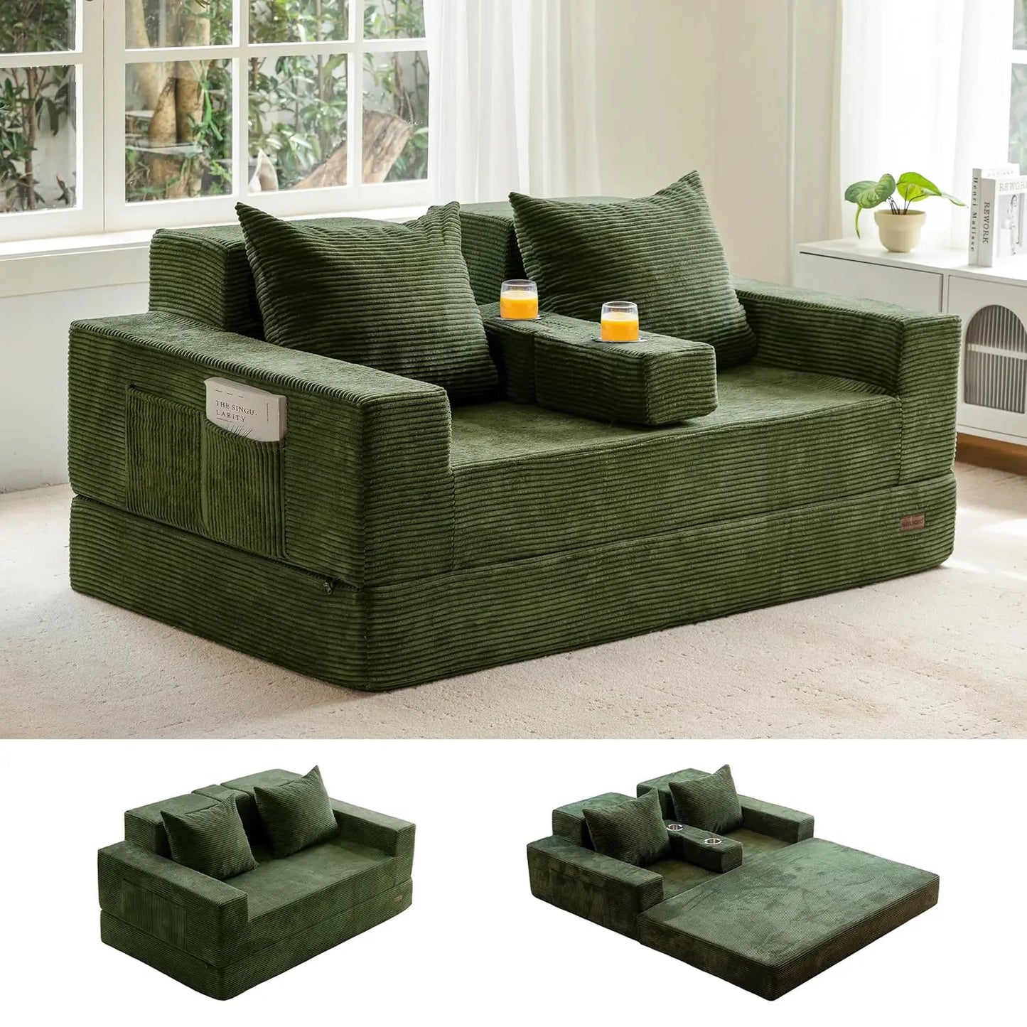 64in Foldable Loveseat Sofa Bed 4-in-1 Recliner Sleeper w 2 Cup Holders Floor Couch Living Room No Assembly Green Customized