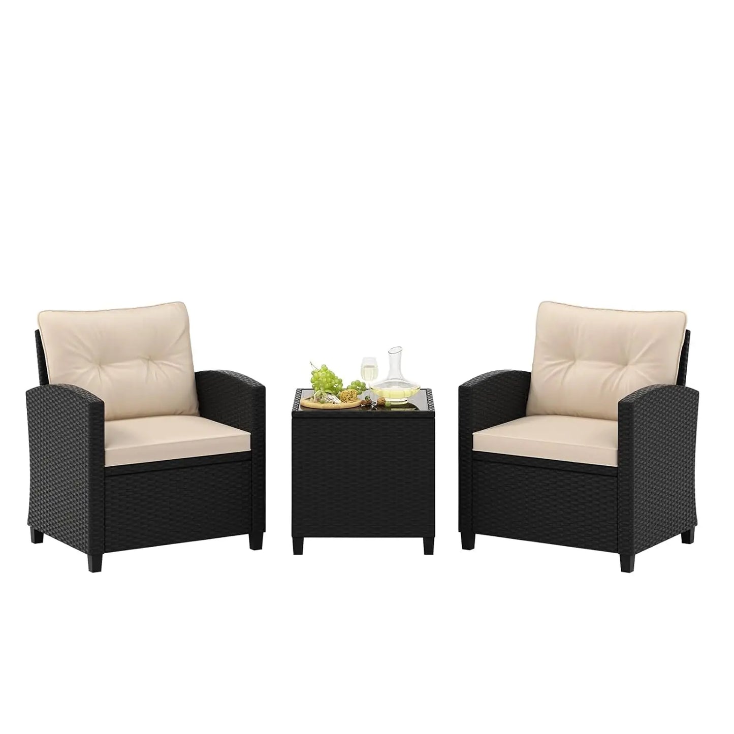 3 Pieces Patio Furniture Set, Outdoor PE Rattan Conversation Chair Set with Tempered Glass Side Table, Customized
