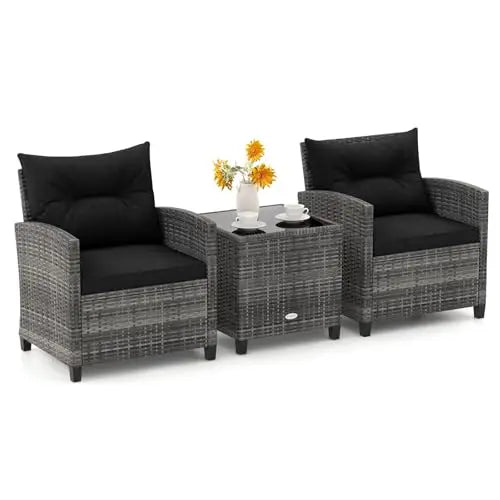 Patio Furniture, 3 Pieces Outdoor Wicker Conversation Set Chairs with Soft Cushions and Glass Coffee Table, Rattan