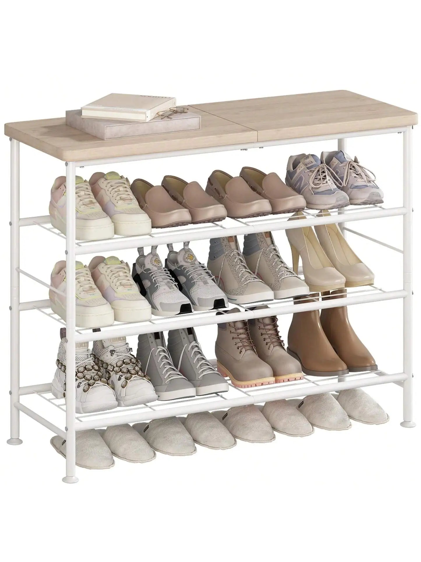 4-Tier Shoe Rack Organizer, Freestanding Metal Shoe Shelf with MDF Top Board for Closet, Entryway and Hallway
