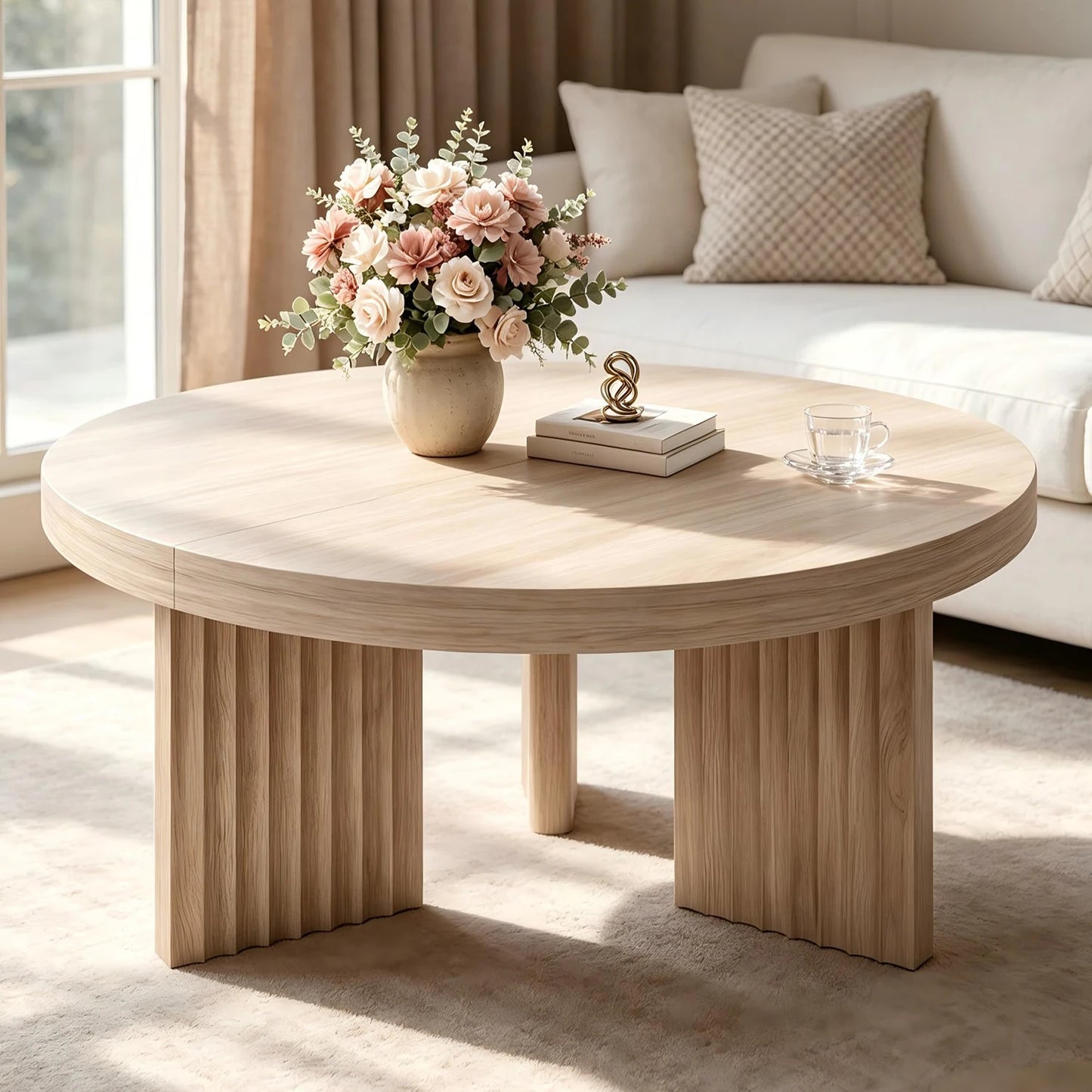 33.5 Inch Round Coffee Table For Living Room, Fluted Leg Circle Center Table With 1.3 Inch Thick Top, Retro Accent Sofa Table For Bedroom