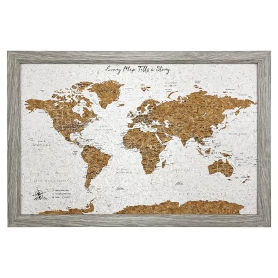 World Map Pin Board Travel Map Frame Framed Pinboard Cork Wooden Design 70 Push Pins Included 14.2'' x 21.2'' Personalised Home