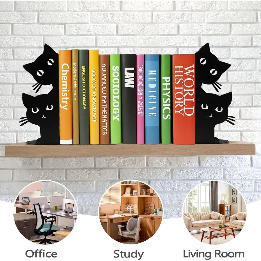 Peeping Cat Bookends for Shelves Decorative Metal Book Ends for Heavy Books Book Stopper for Office Home Cute Desk Bookshelf De
