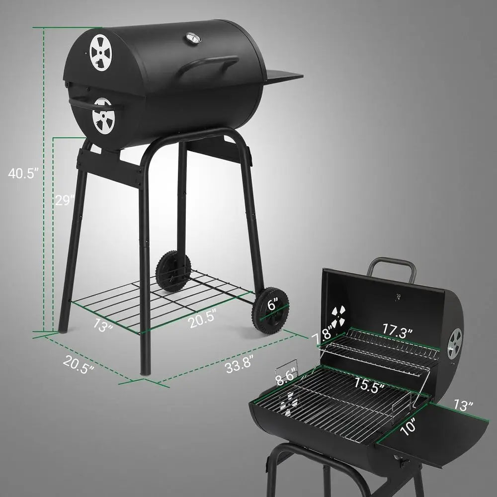 Barrel Charcoal Grill with Side Table, BBQ Grill Outdoor Smoker Grill with Wheels for Party Garden Patio and Backyard Cooking 33