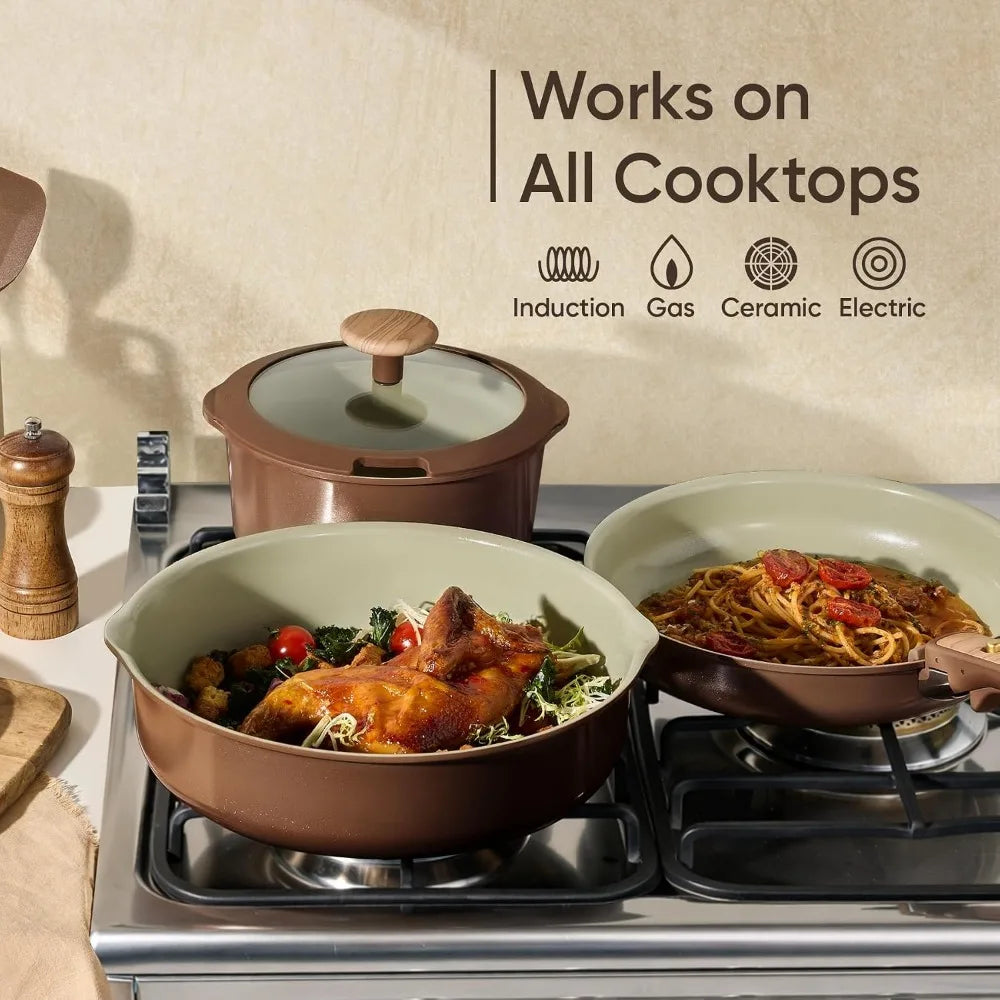 Nonstick Ceramic Cookware Set 19 Pcs, Detachable Handle, Induction & Oven Safe, PFAS Free, Pistachio Green