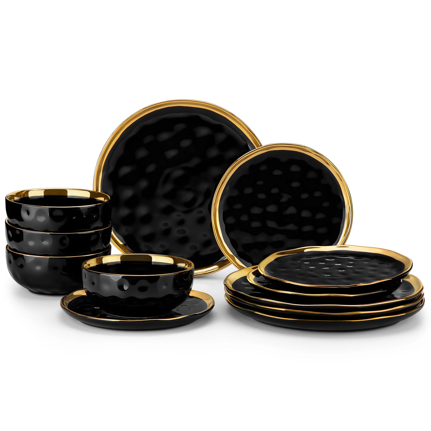 12/24 Piece Ceramic Porcelain White and Golden Rim Dinnerware Sets With 4/8 PCS Dinner Plate/Dessert/Cereal Bowl for 4