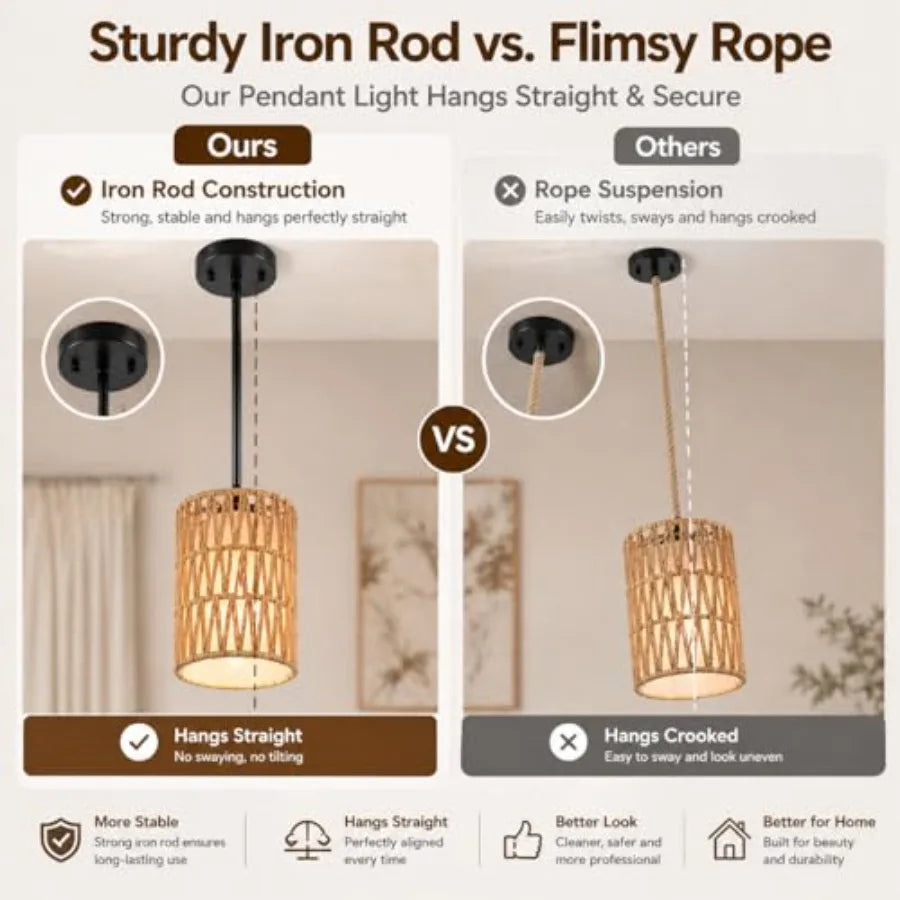 Rattan Pendant Light 6 Inch 2-in-1 Boho Hanging Fixture with Iron Rods and Linen Shade Adjustable Height and Sloped Ceiling Com
