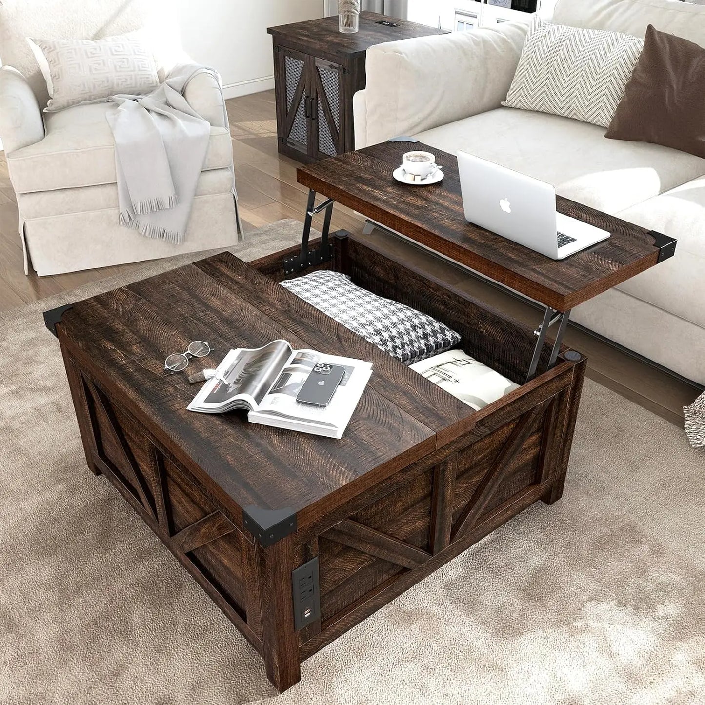 Farmhouse Lift Top Coffee Table with Storage, Wood Square Center Table with Charging Station&USB Port, Living Room, Custom