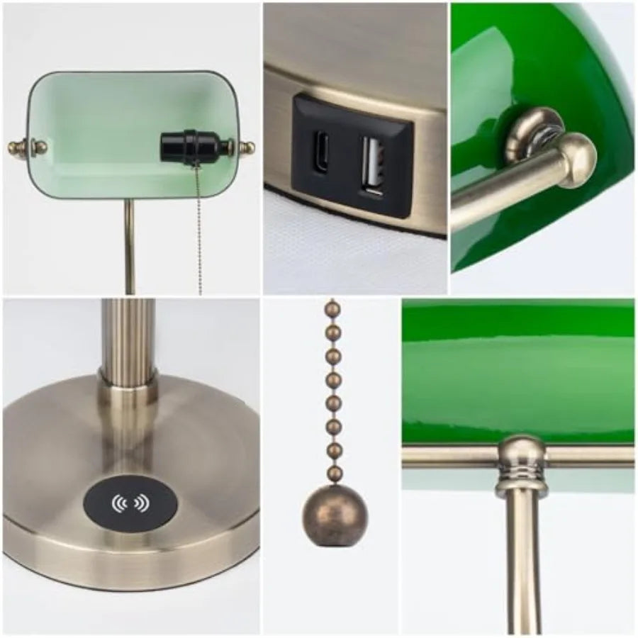 Glass Bankers Desk Lamp with Wireless Charger, 2 USB Charging Port, Vintage Desk Lamp with Pull Chain Switch, Retro Table Lamps