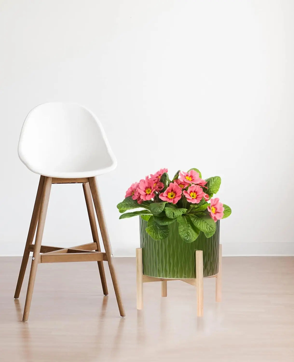 10 Inch Ceramic Plant Pot with Wood Stand, Modern Round Flower Planter Indoor Outdoor, Dark Green Water Ripple Pattern
