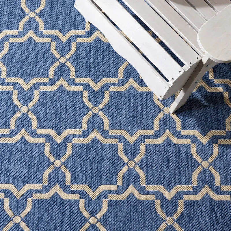 Geometric Bordered Indoor/Outdoor Area Rug, 2' x 3'7", Blue/Beige