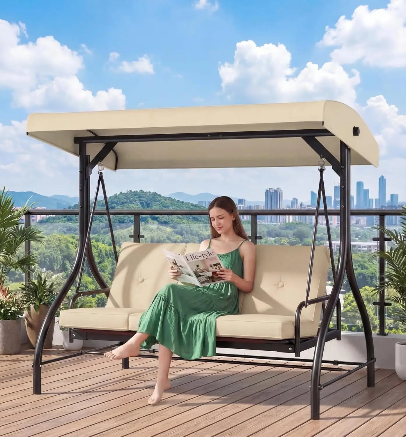 3-Seat Patio Swing with Adjustable Canopy & Backrest, Outdoor Porch Swing Chair for Adults