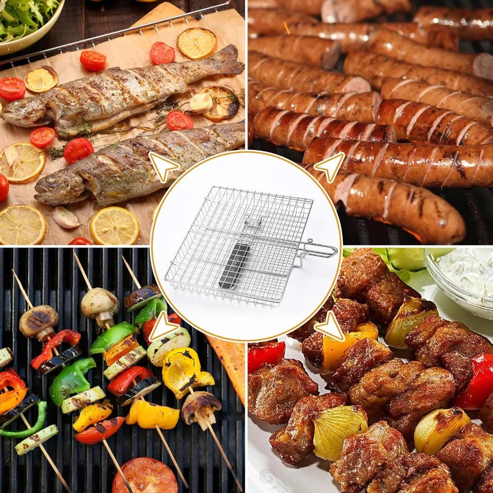 Portable Grill Basket, BBQ Grilling Basket with Removable Handle, Stainless Steel Camping Cooking Accessories for Chicken Fish Vegetable