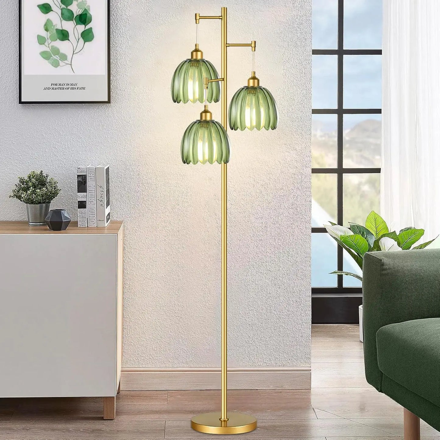 Mid Century Modern Gold Floor Lamp, 3-Light Brass Tree Tall Lamp with Green Glass Shades for Living Room, Bedroom, Farmhouse Boho Decor