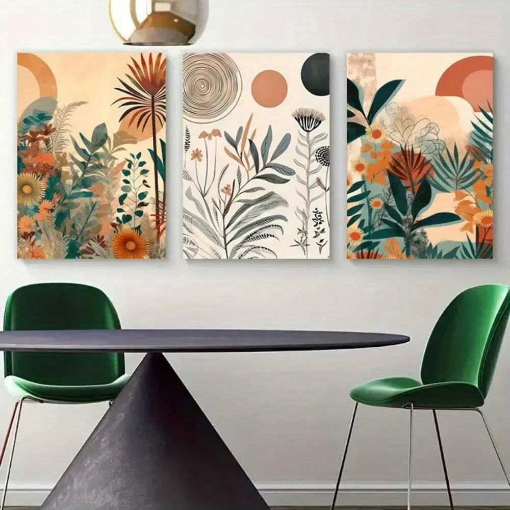 Set Wooden Framed Canvas Poster, Flower Wall Art Boho Floral Canvas Poster Mid Century Modern Canvas Painting Neutral Simple Pa