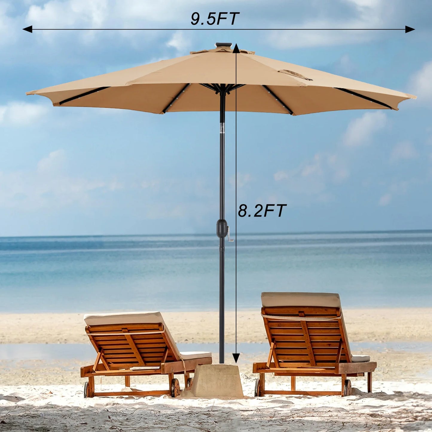10FT Solar Patio Umbrella with 32 LED Lights UV-Resistant Outdoor Table Umbrella with Tilt and Crank for Backyard Garden