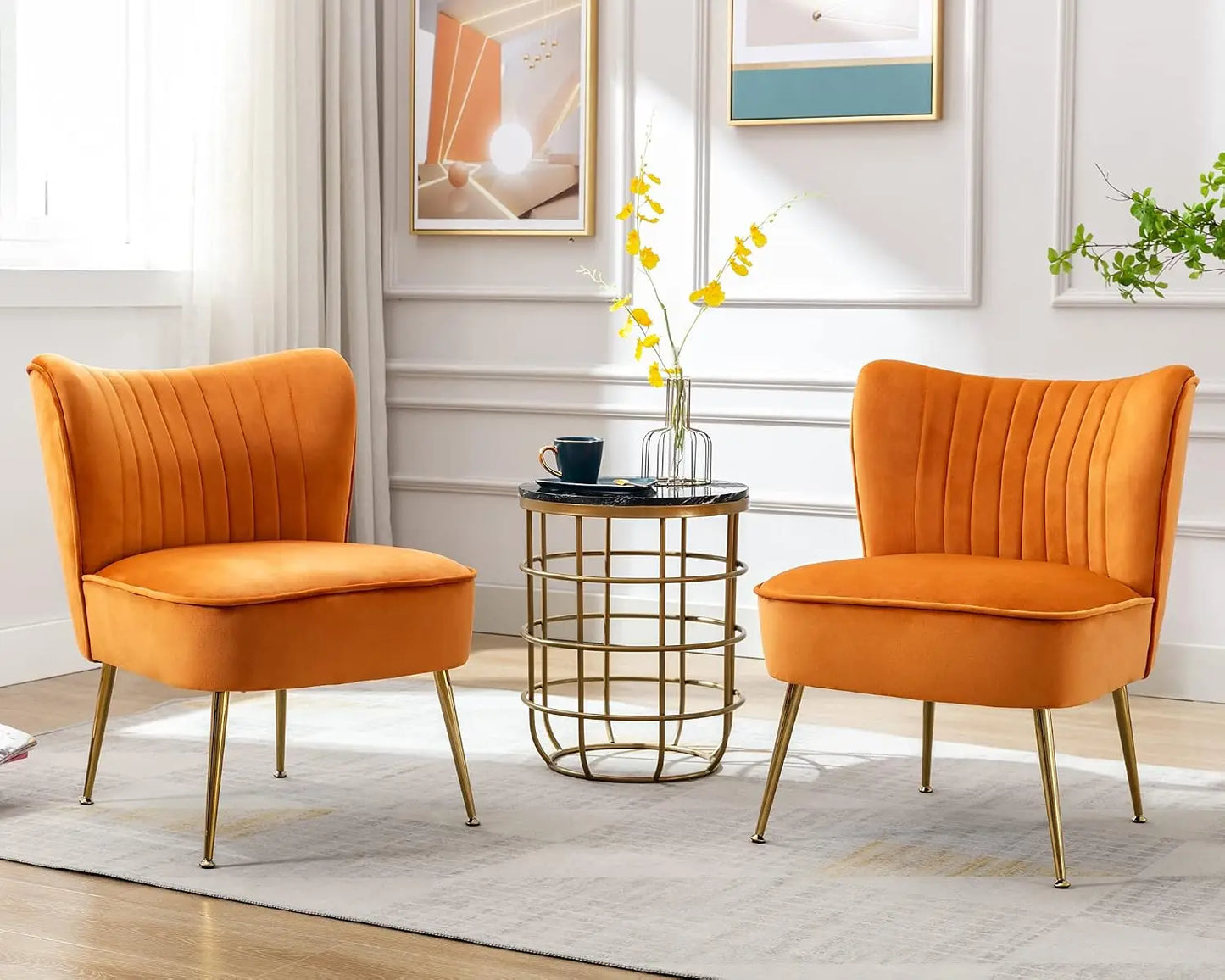 Velvet Accent Chairs Set of 2 Armless Slipper Chair with Golden Legs Mid Century Side Single Sofa for Living Room Bedroom Pink