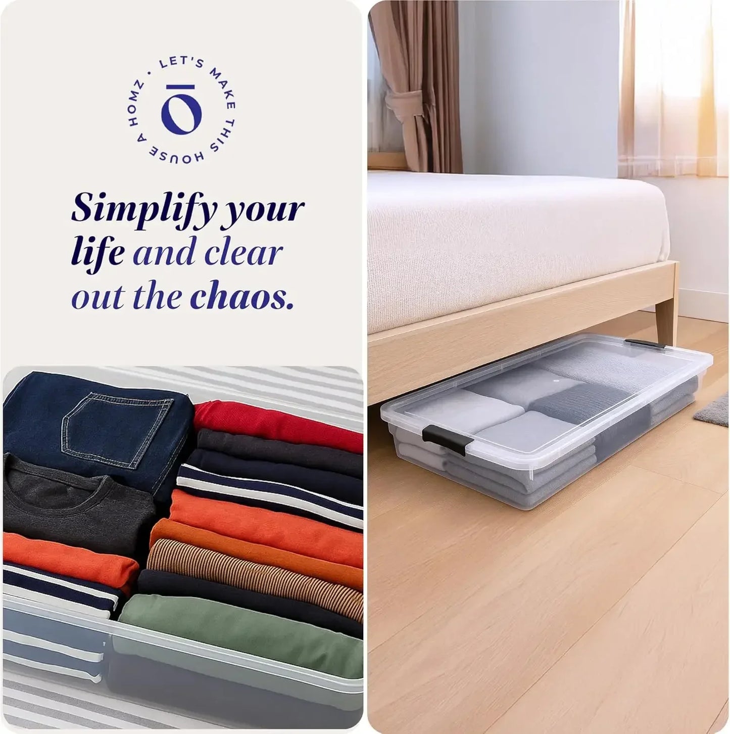2-Pack Under Bed Storage, Clear Plastic Containers with Lids, 60 Quart, Gray Latch - Stackable Underbed Organizer Bins for Shoes