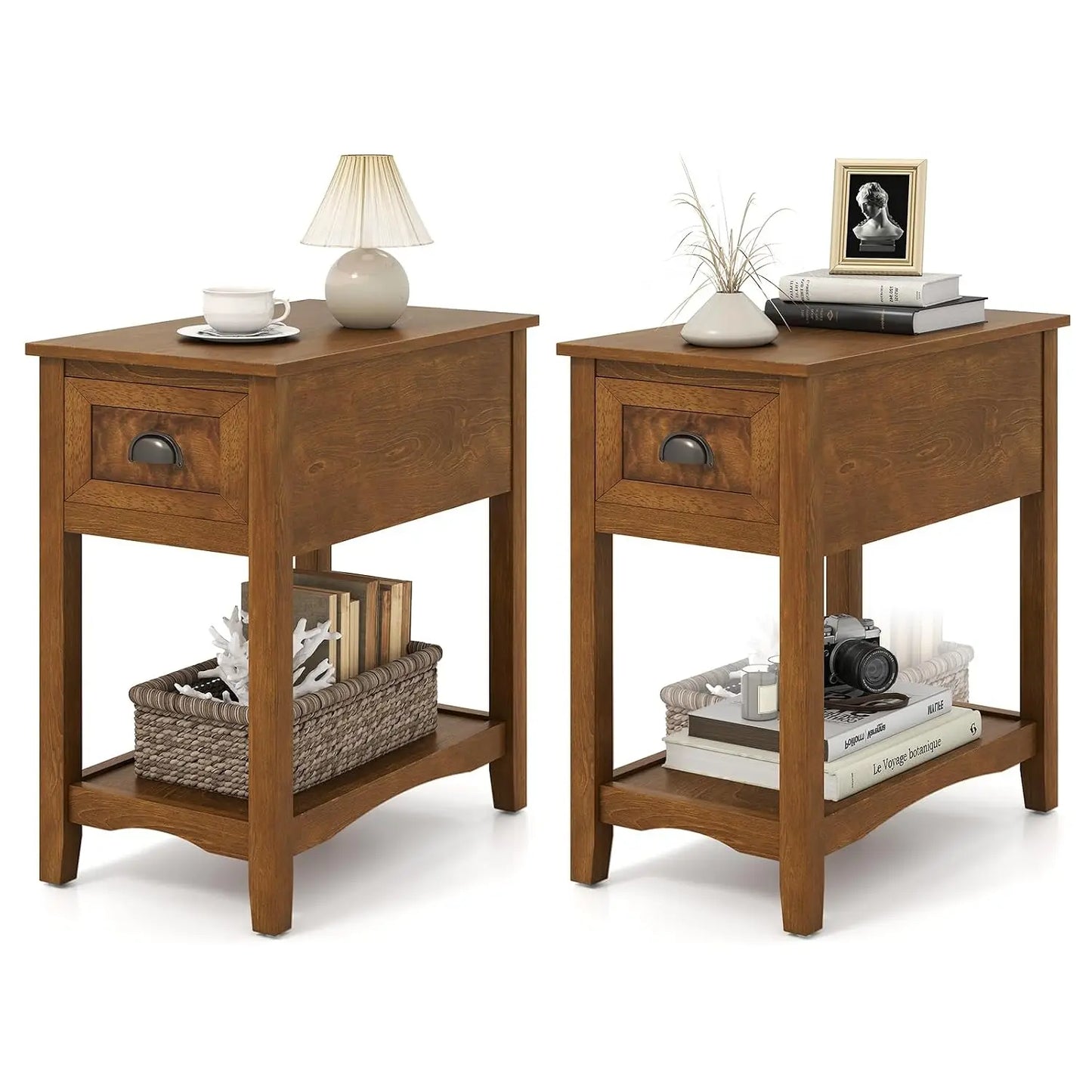 Retro Narrow End Table Set of 2, Solid Wood Nightstand with Drawer & Storage Shelf Bedroom Bedside Table, Custom