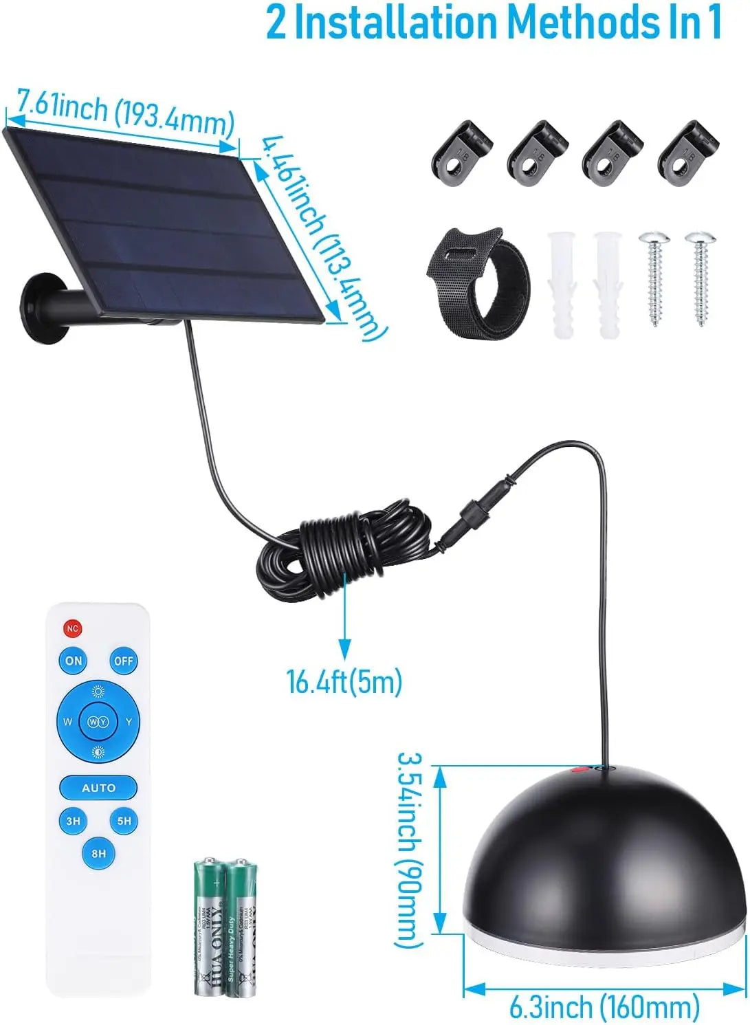 3CCT Solar Powered Pendant Light Outdoor, 50%/100% Dimmable, Dusk to Dawn, 6 Modes, Solar Hanging Lights with Remote