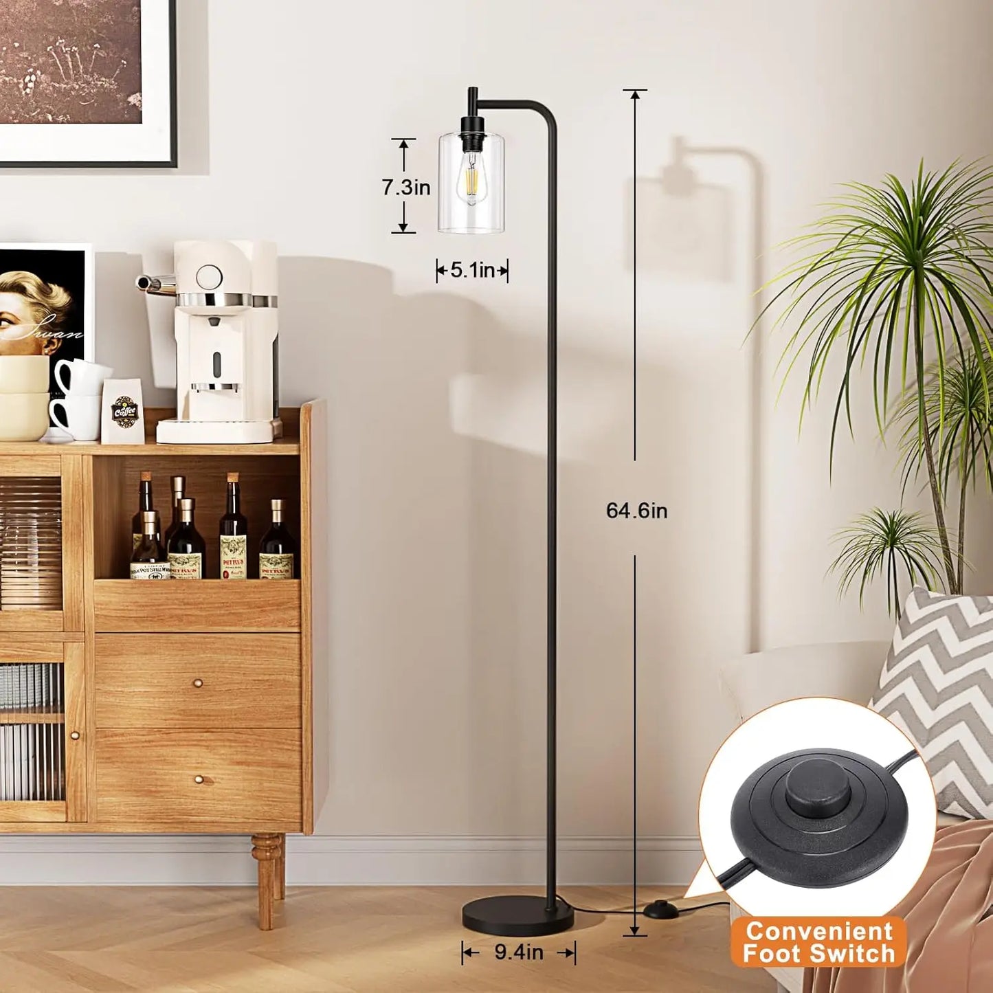 Industrial Floor Lamp with Glass Shade, LED Bulb, Foot Pedal Switch for Living Room, Easy Assembly