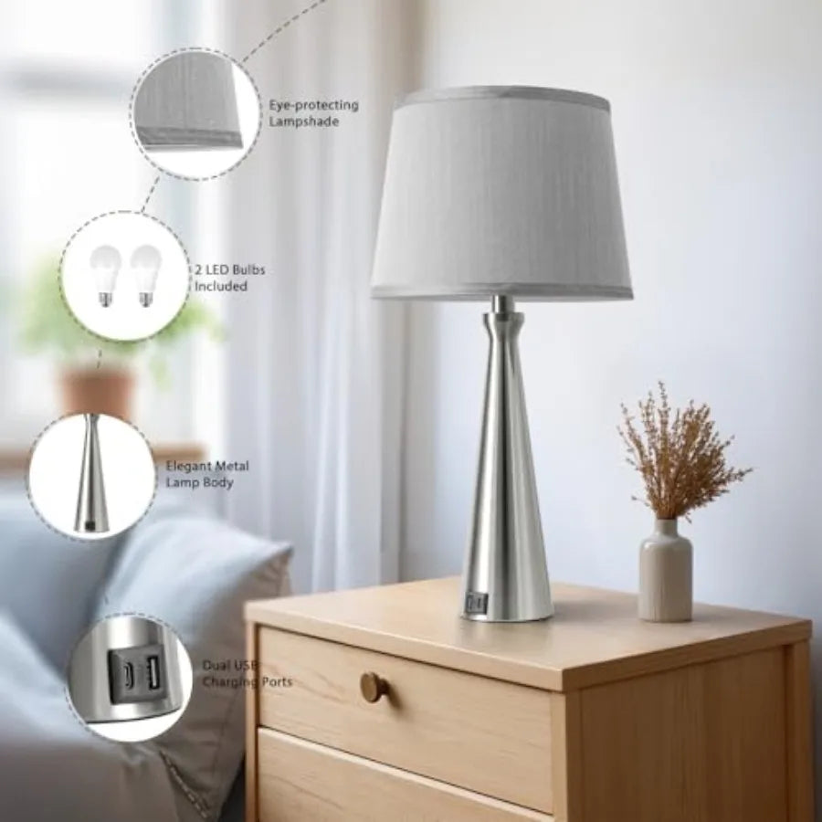 Modern Table Lamps Set of 2 - Touch Bedside Lamp for Nightstand with Dual USB C+A3-Way Dimmable Silver Nightstand Lamps for Liv