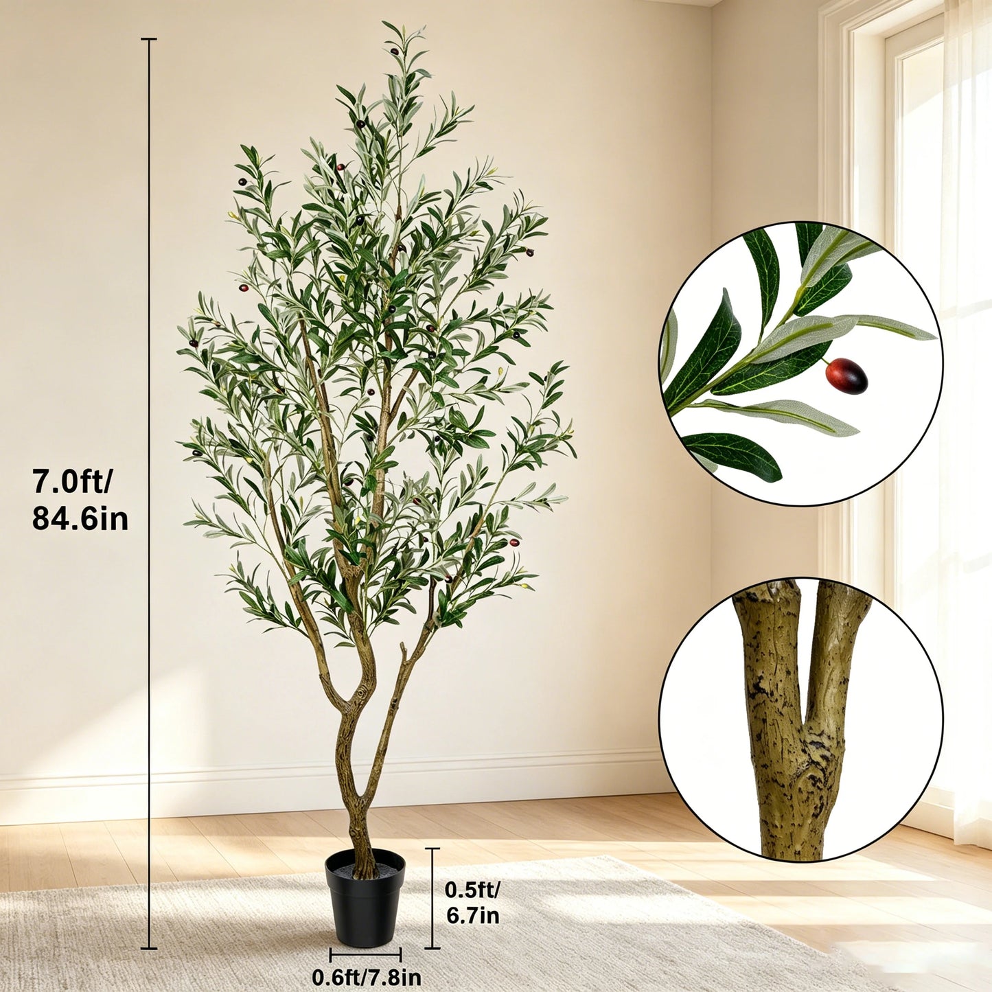 Olive Trees Artificial Indoor, 5.25/6.10/7.10FT Tall Faux Olive Tree with Black Pot, Artificial Plants with Natural Wood Trunk and Lifelike Fruits for Home Office Decor