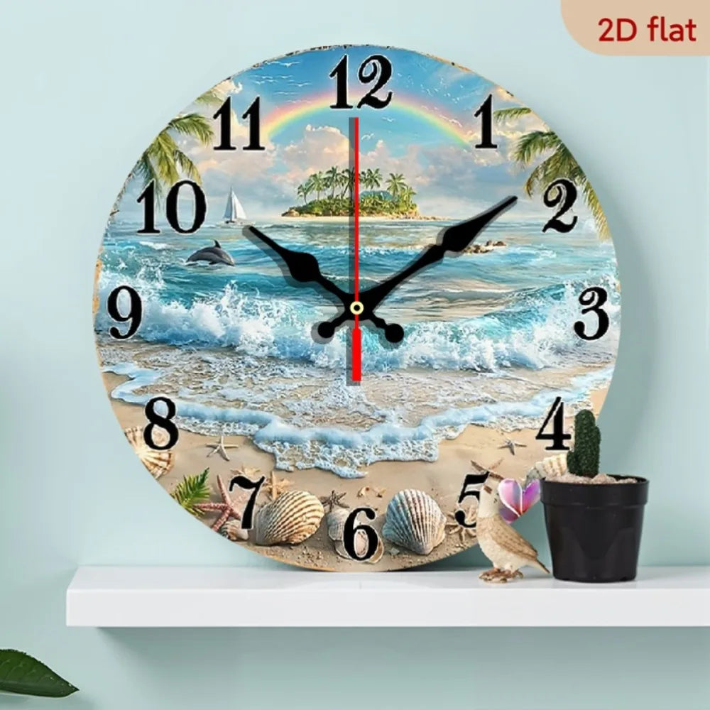 2D Flat 1pc Tropical Beach Ocean Wall Clock with Rainbow, Dolphins, and Seashells Decorative Timepiece Round Wooden Wall Clock 1