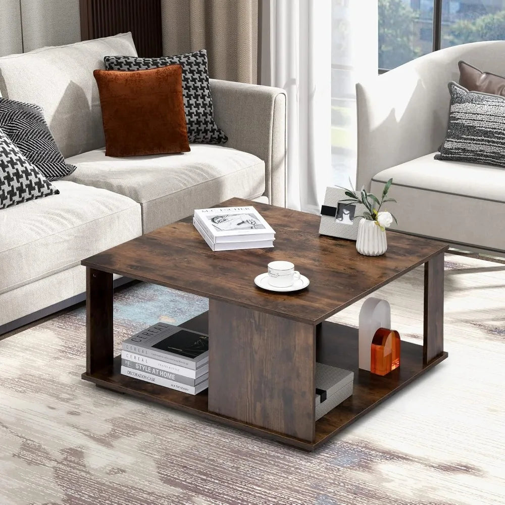 32” Square Coffee Table, 2-Tier Wooden Table with Storage Shelf, Industrial Home Accent Table, Mid-Century Center Table Ideal f