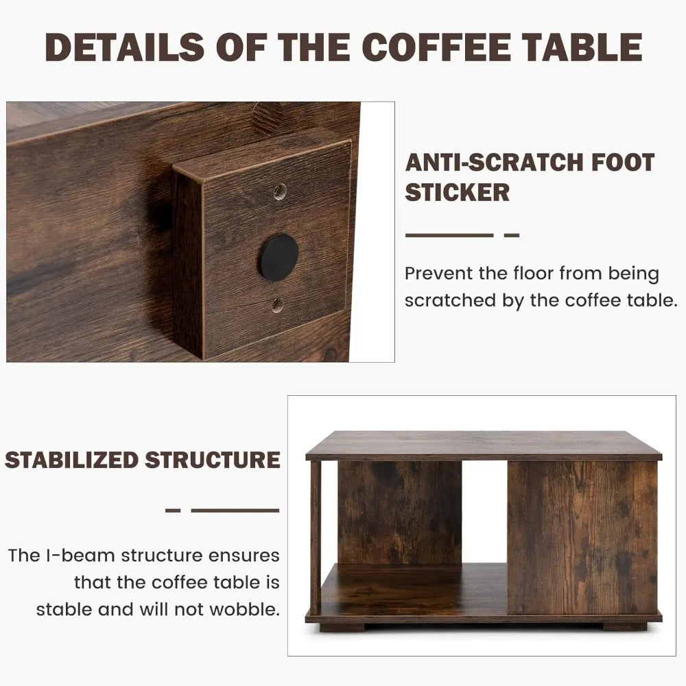 32” Square Coffee Table, 2-Tier Wooden Table with Storage Shelf, Industrial Home Accent Table, Mid-Century Center Table Ideal f