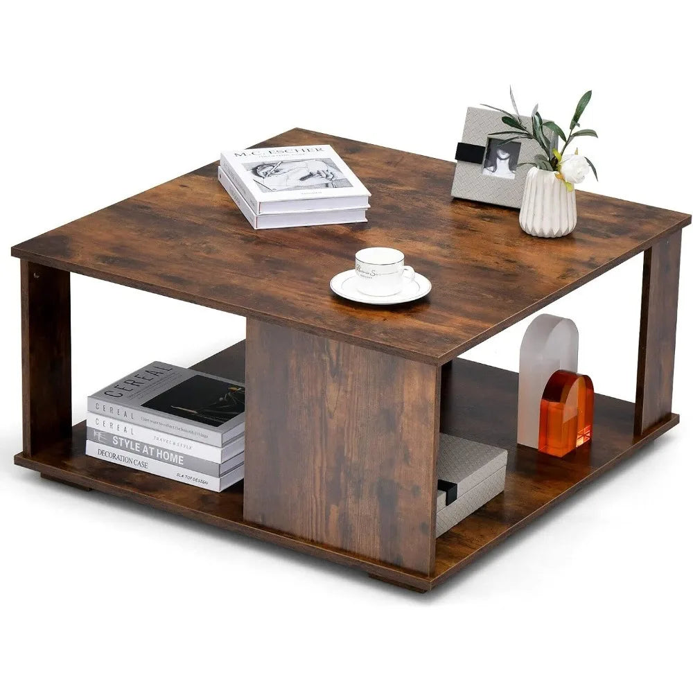 32” Square Coffee Table, 2-Tier Wooden Table with Storage Shelf, Industrial Home Accent Table, Mid-Century Center Table Ideal f