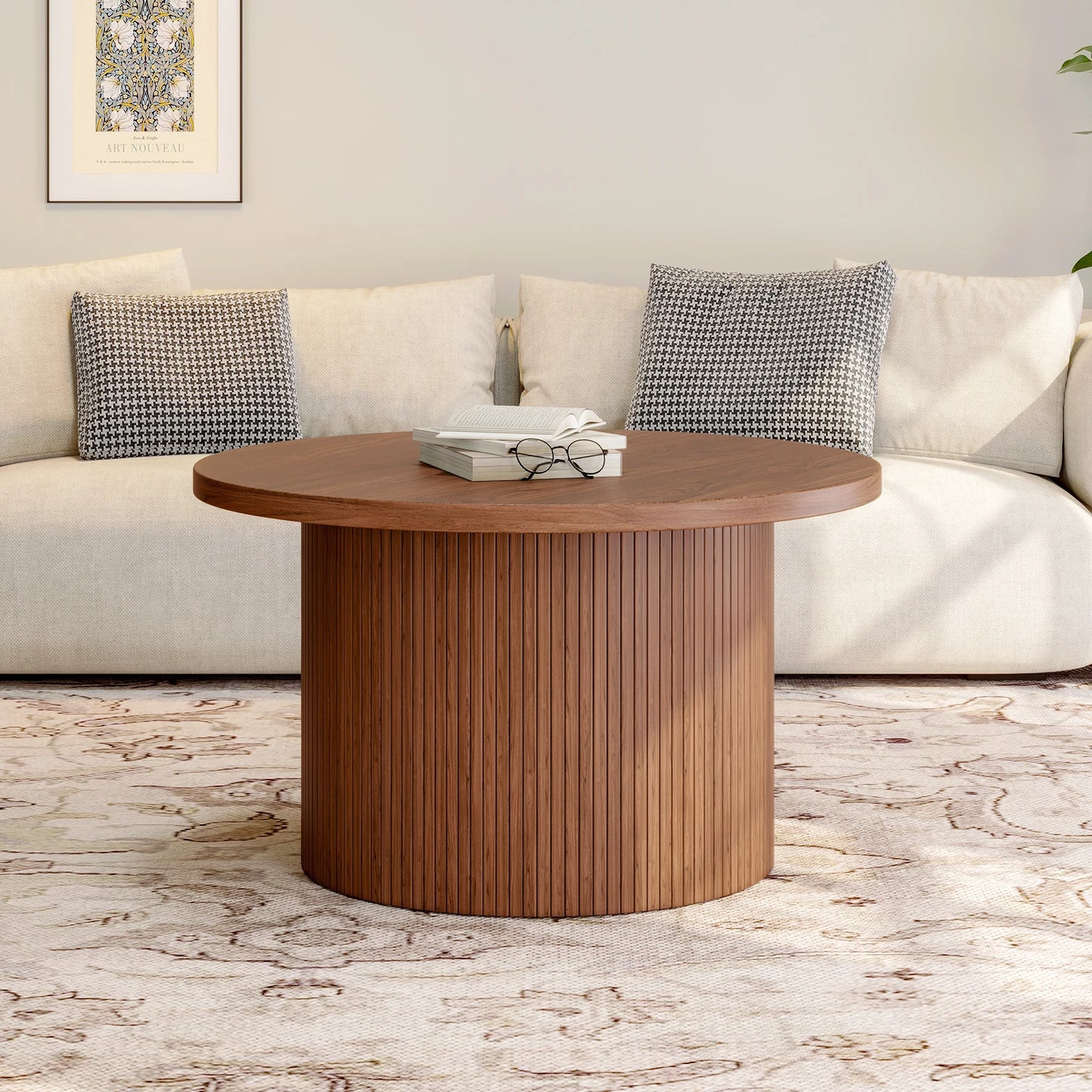 31.5" Round Coffee Table,Tambour Design Coffee Tables,Mid Century Modern Wood Coffee Table,Drum Accent Small Center Table,Walnut