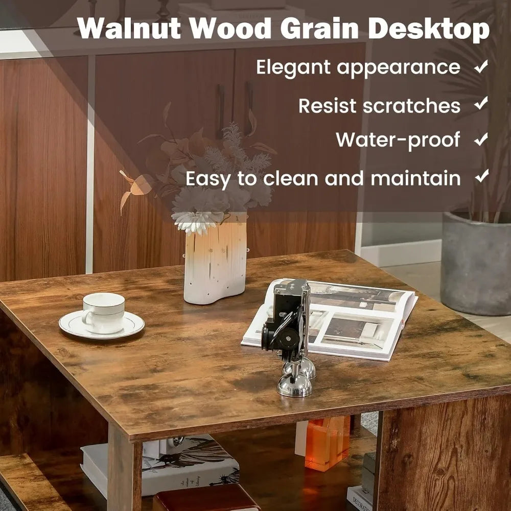 32” Square Coffee Table, 2-Tier Wooden Table with Storage Shelf, Industrial Home Accent Table, Mid-Century Center Table Ideal f