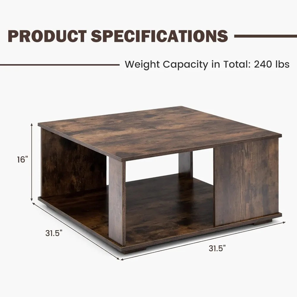 32” Square Coffee Table, 2-Tier Wooden Table with Storage Shelf, Industrial Home Accent Table, Mid-Century Center Table Ideal f