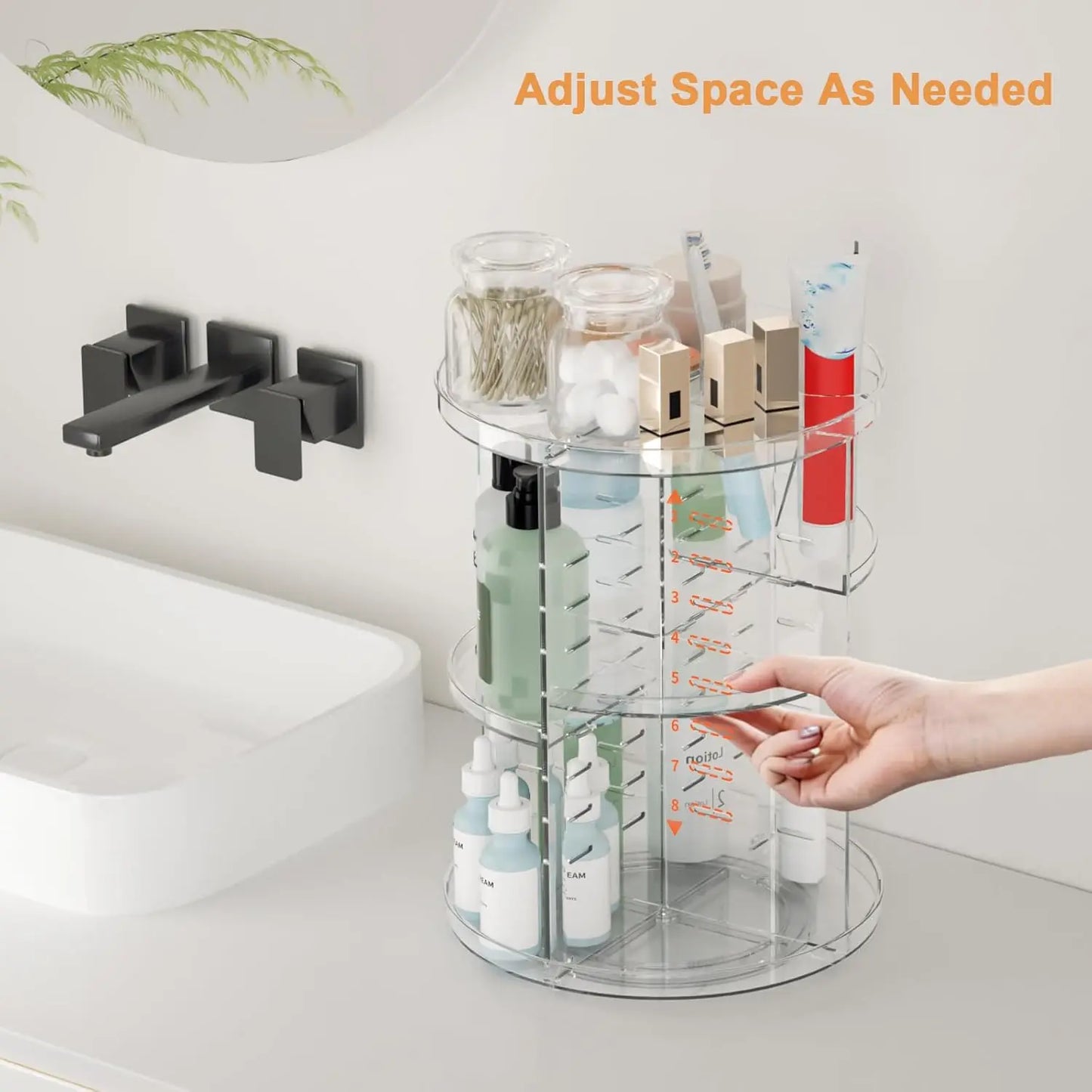 Rotating Makeup Organizer, DIY 8 Adjustable Layers Spinning Skincare Storage, Cosmetic Display Case with Brush Holder and Perfum
