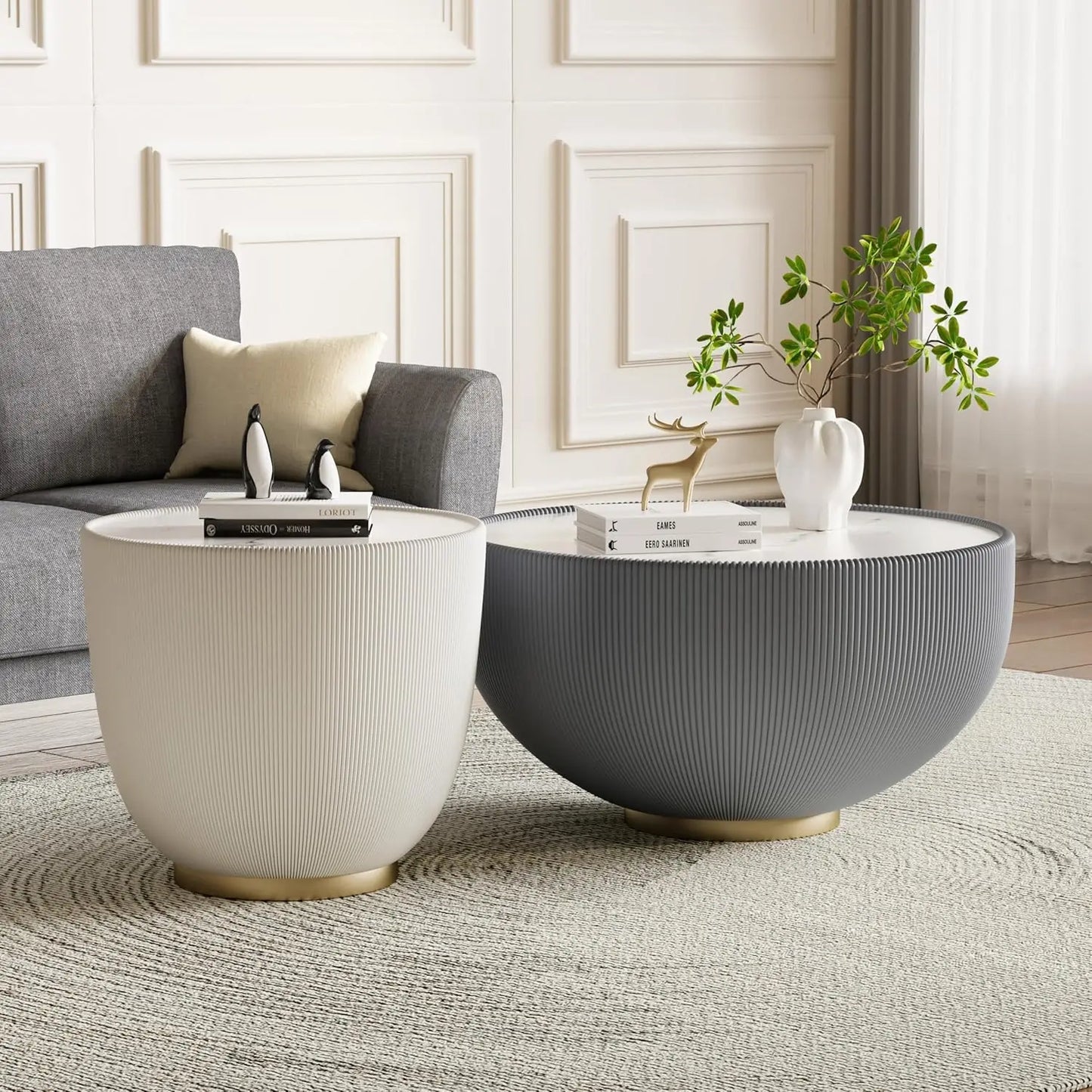 Round Grey 2-Piece Coffee Table Set 29.5in & 17.7in Sintered Stone Top Fluted PU Leather Base Living Room, Customized