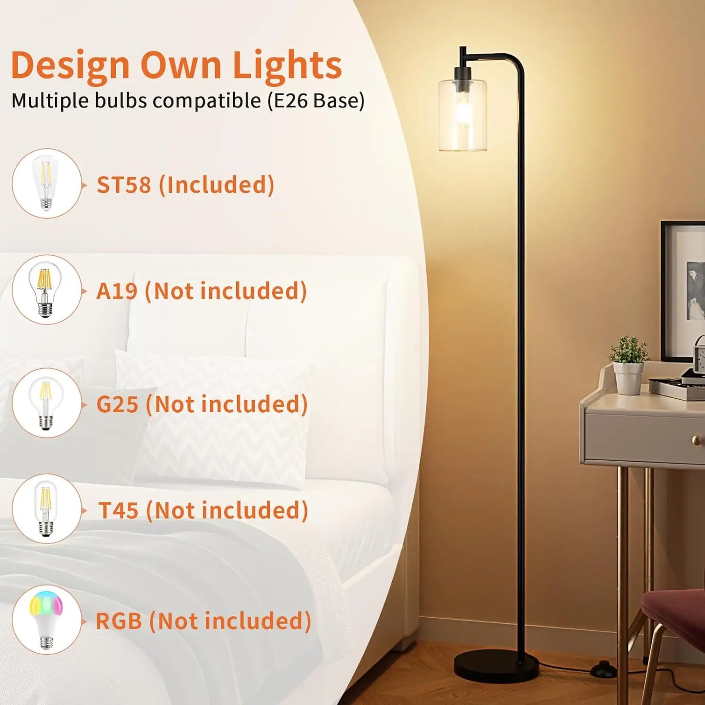 Industrial Floor Lamp with Glass Shade, LED Bulb, Foot Pedal Switch for Living Room, Easy Assembly