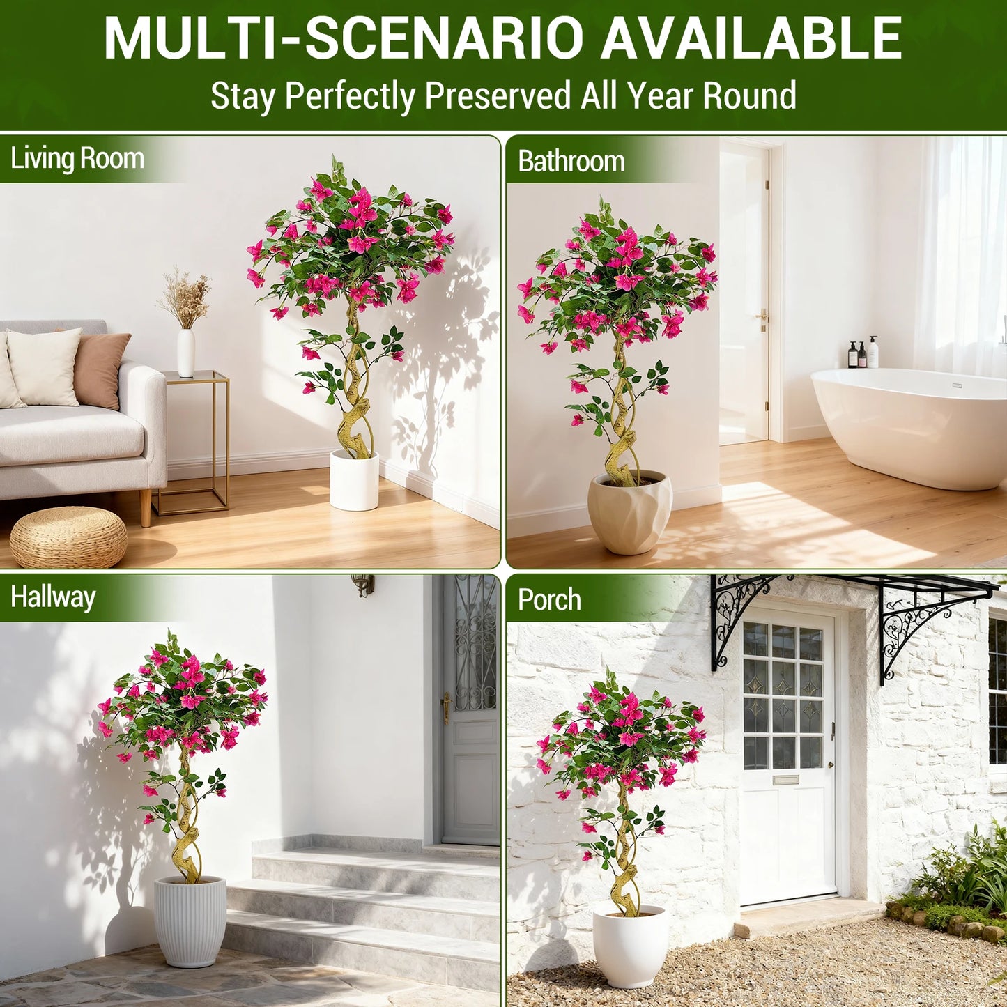 120cm Artificial Bougainvillea Tree, Red in White Pot, Realistic Artificial Flowers for Indoor and Outdoor Use, Large Artificial