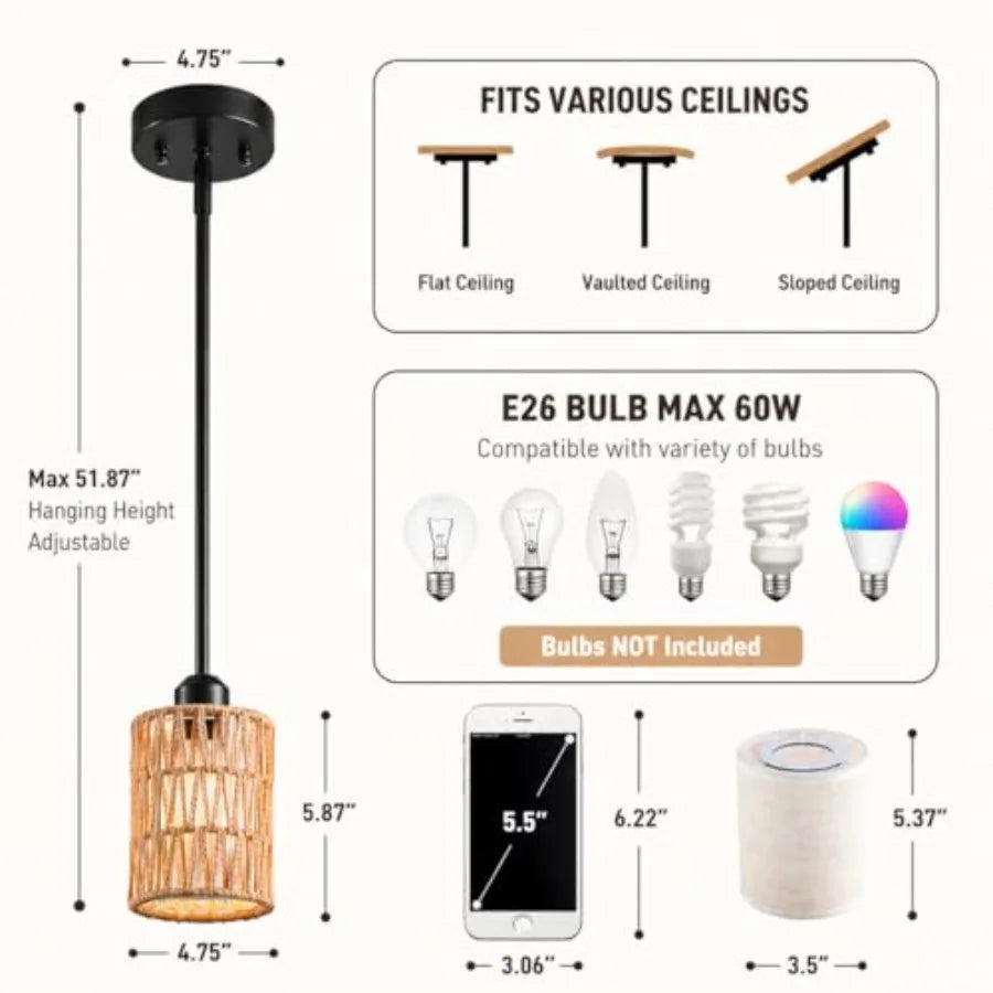 Rattan Pendant Light 6 Inch 2-in-1 Boho Hanging Fixture with Iron Rods and Linen Shade Adjustable Height and Sloped Ceiling Com