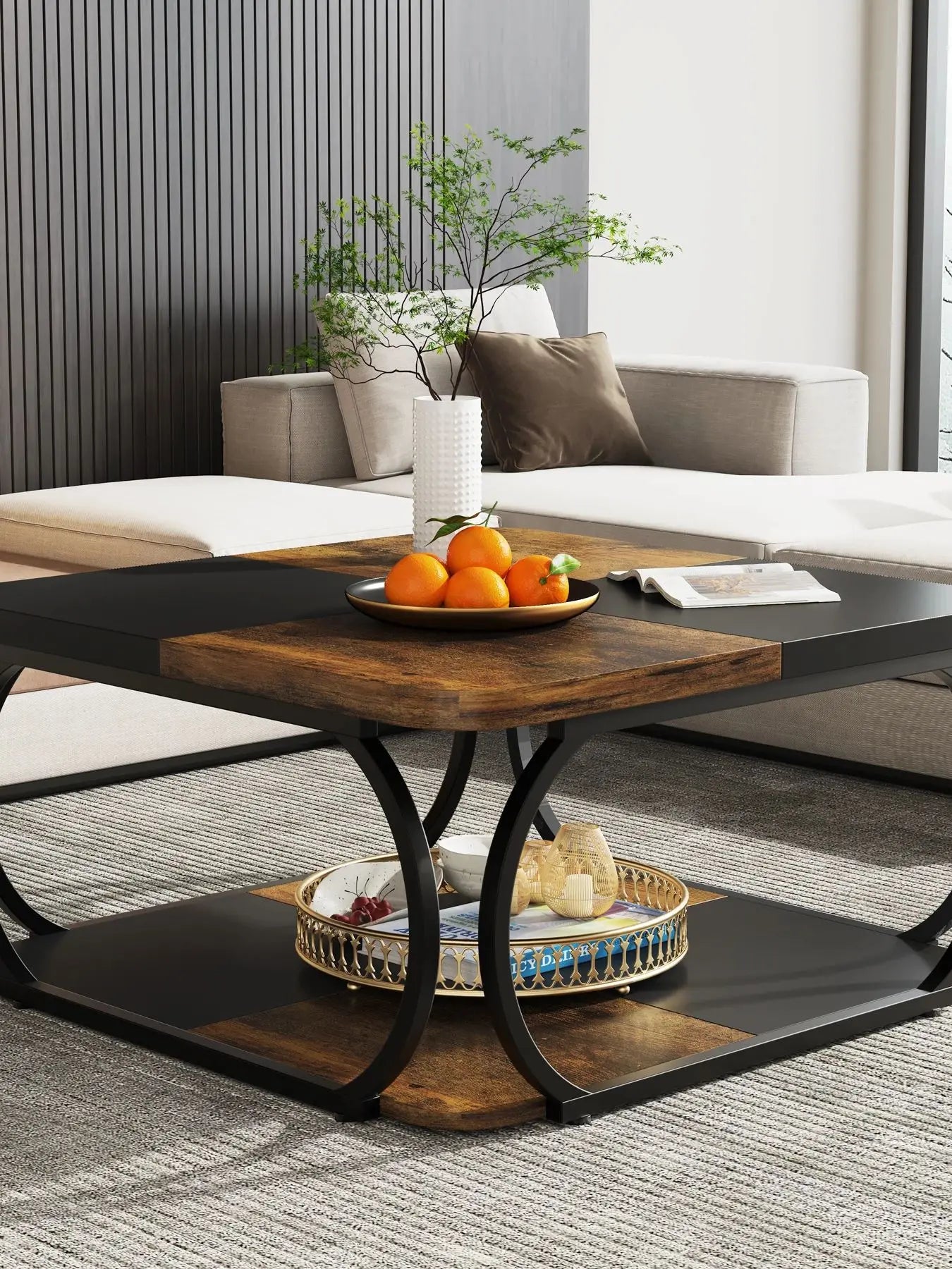 Square Coffee Table with 2 Tiers, 40 inches Low Farmhouse Coffee Table with Wood Storage Shelf Heavy Duty Metal Curve