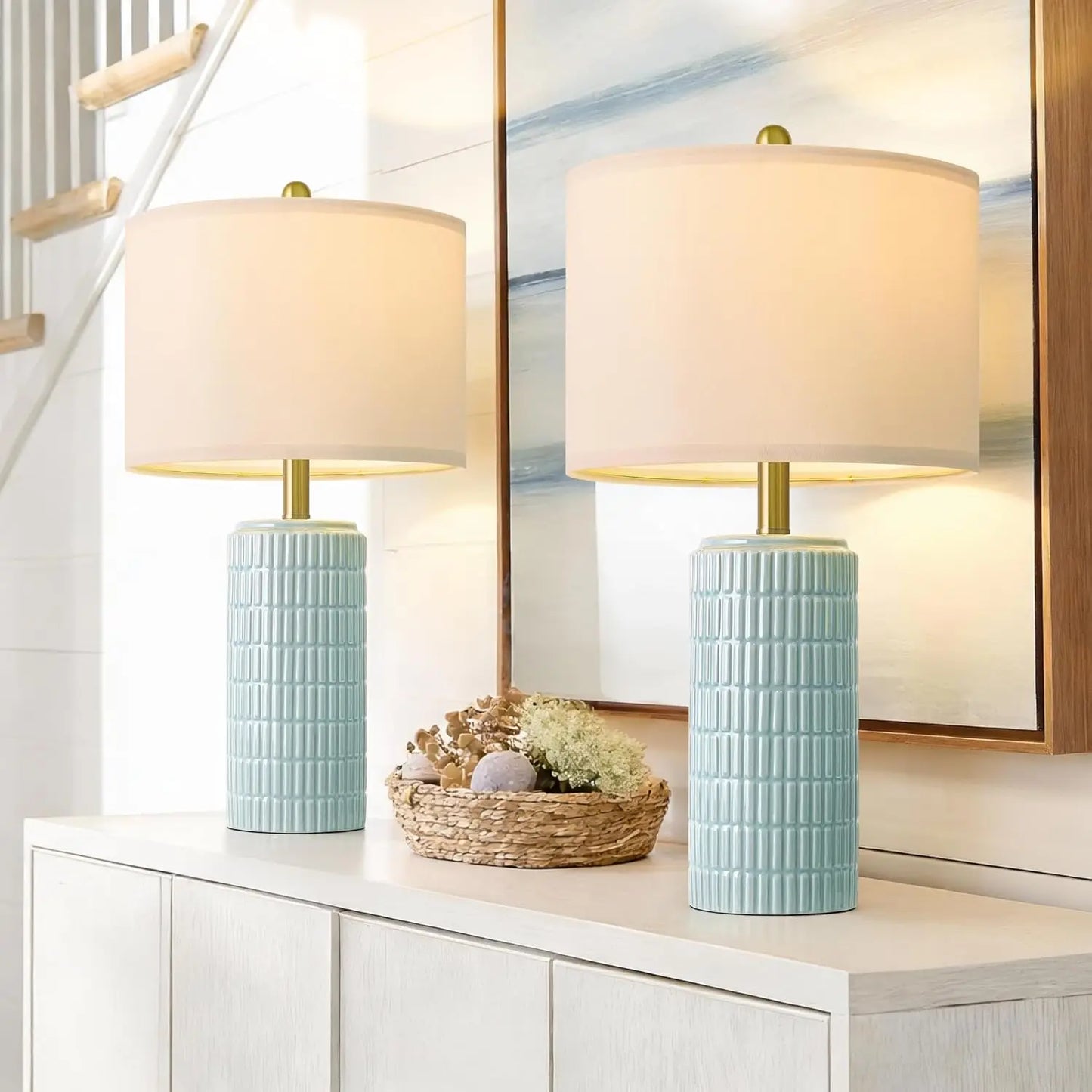 PoKat 23" Light Blue Table Lamps Set of 2, Modern Bedside Lamps for Bedroom, Coastal Ceramic End Table Lamps for Living Room, Oc