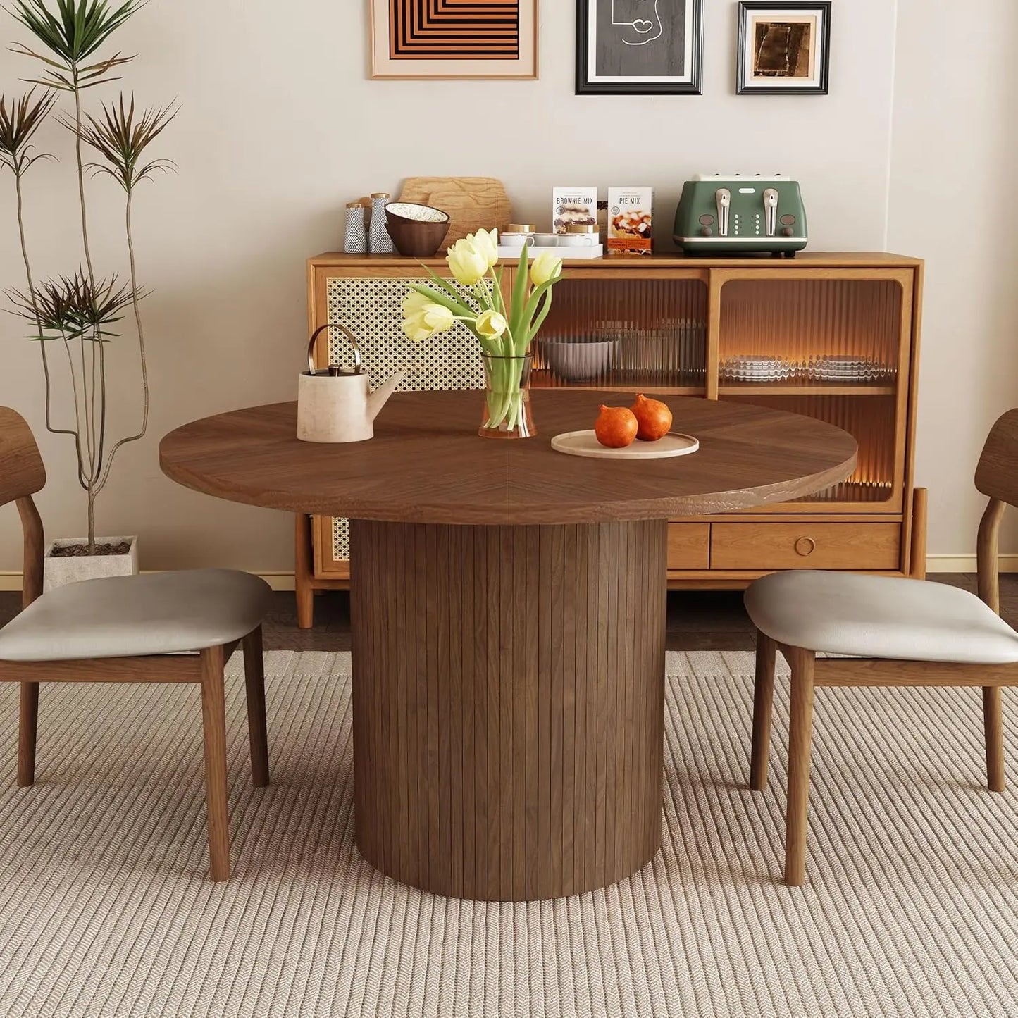 43"-59" Extendable Round to Oval Dining Table with Hidden Storage, Modern Wooden Kitchen Table with Fluted Sliding Door, Custom