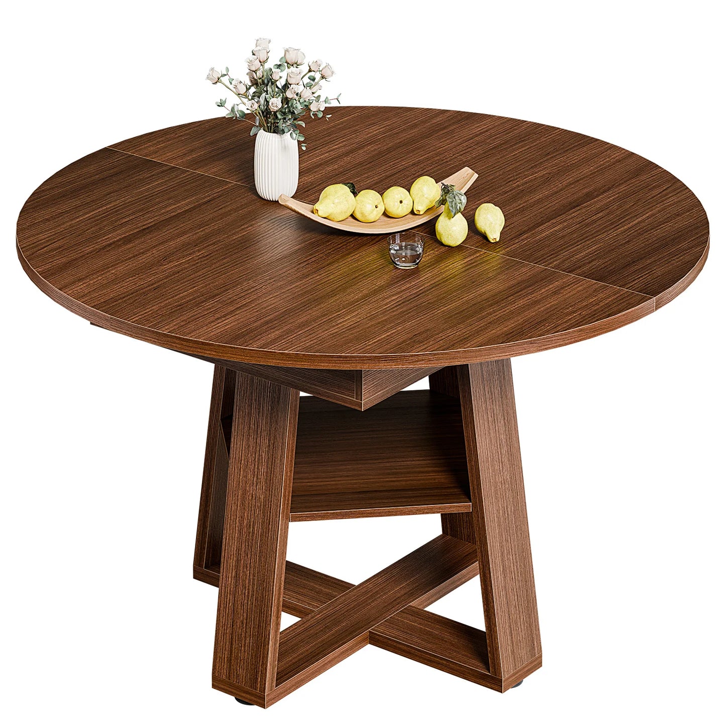 JHK Extendable Wood Round Dining Table Modern Kitchen Oval Dinner Table with Storage Shelf Pedestal Base Space Saving For Home