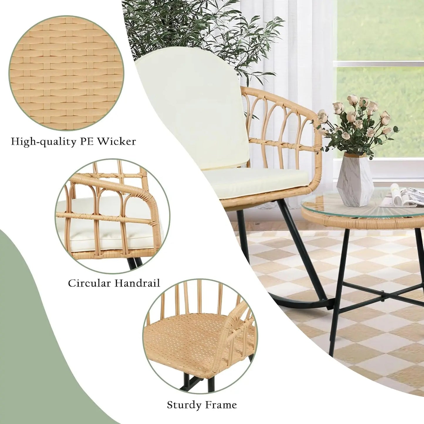 3 Piece Rocking Chair Set Outdoor Wicker Rattan Thickened Cushion Patio Conversation Bistro Balcony Garden, Customized