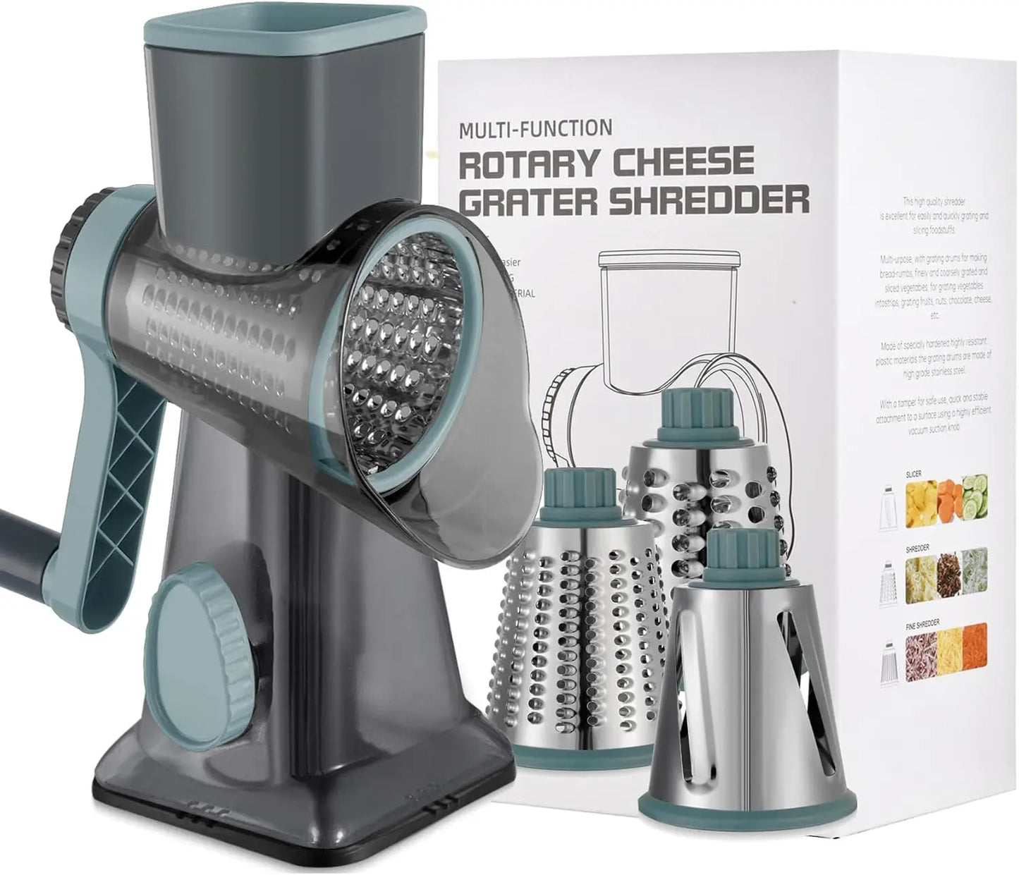 3-in-1 Hand Crank Rotary Cheese Grater with Interchangeable Blades, Non-Slip Base, Multifunctional Vegetable Slicer & Shredder for Kitchen