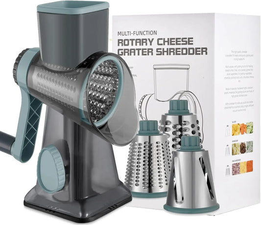 3-in-1 Hand Crank Rotary Cheese Grater with Interchangeable Blades, Non-Slip Base, Multifunctional Vegetable Slicer & Shredder for Kitchen