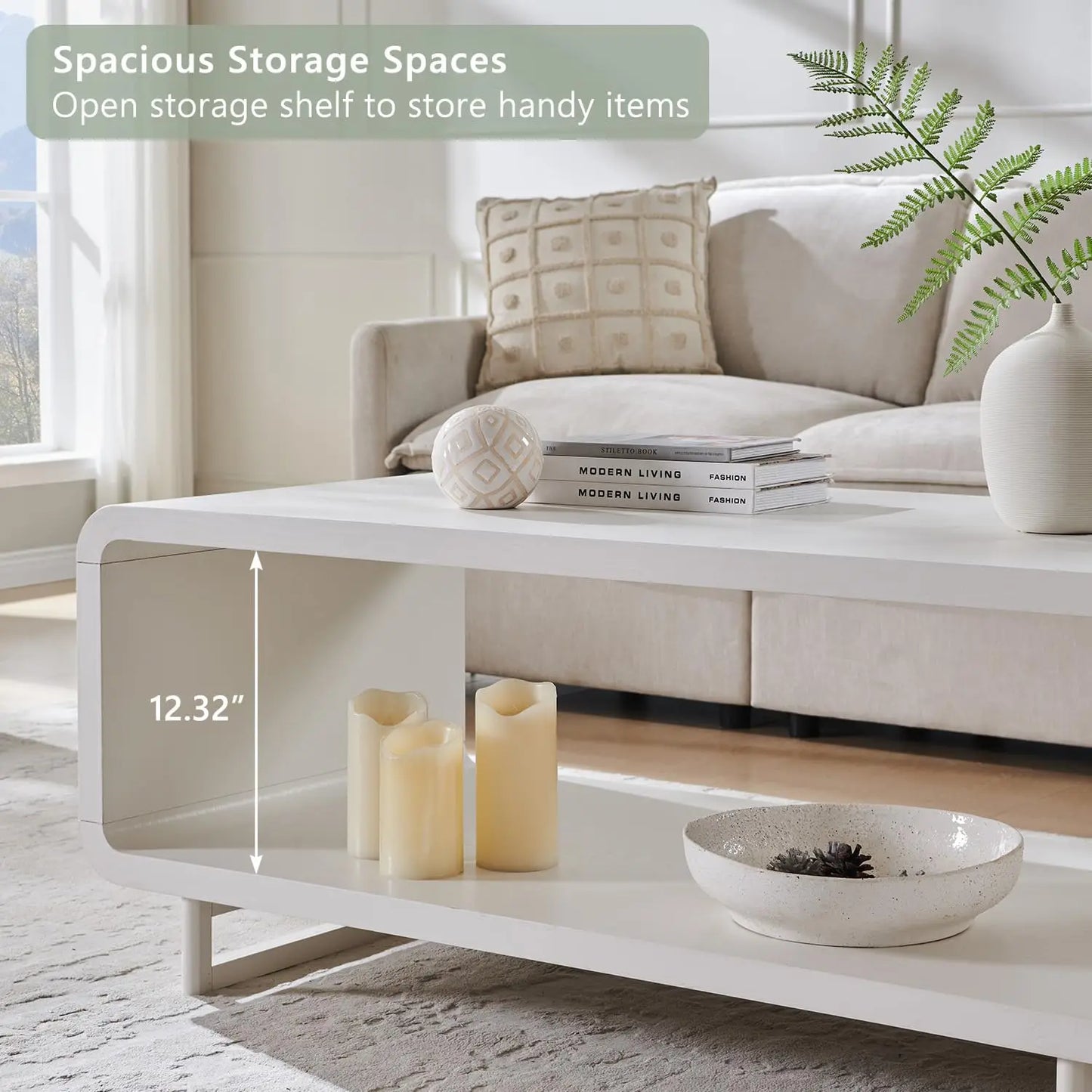 48" Modern Coffee Table, 2-Tier Minimalist Center Table with Storage Shelf, Curved Profile Design, Wooden, Customized