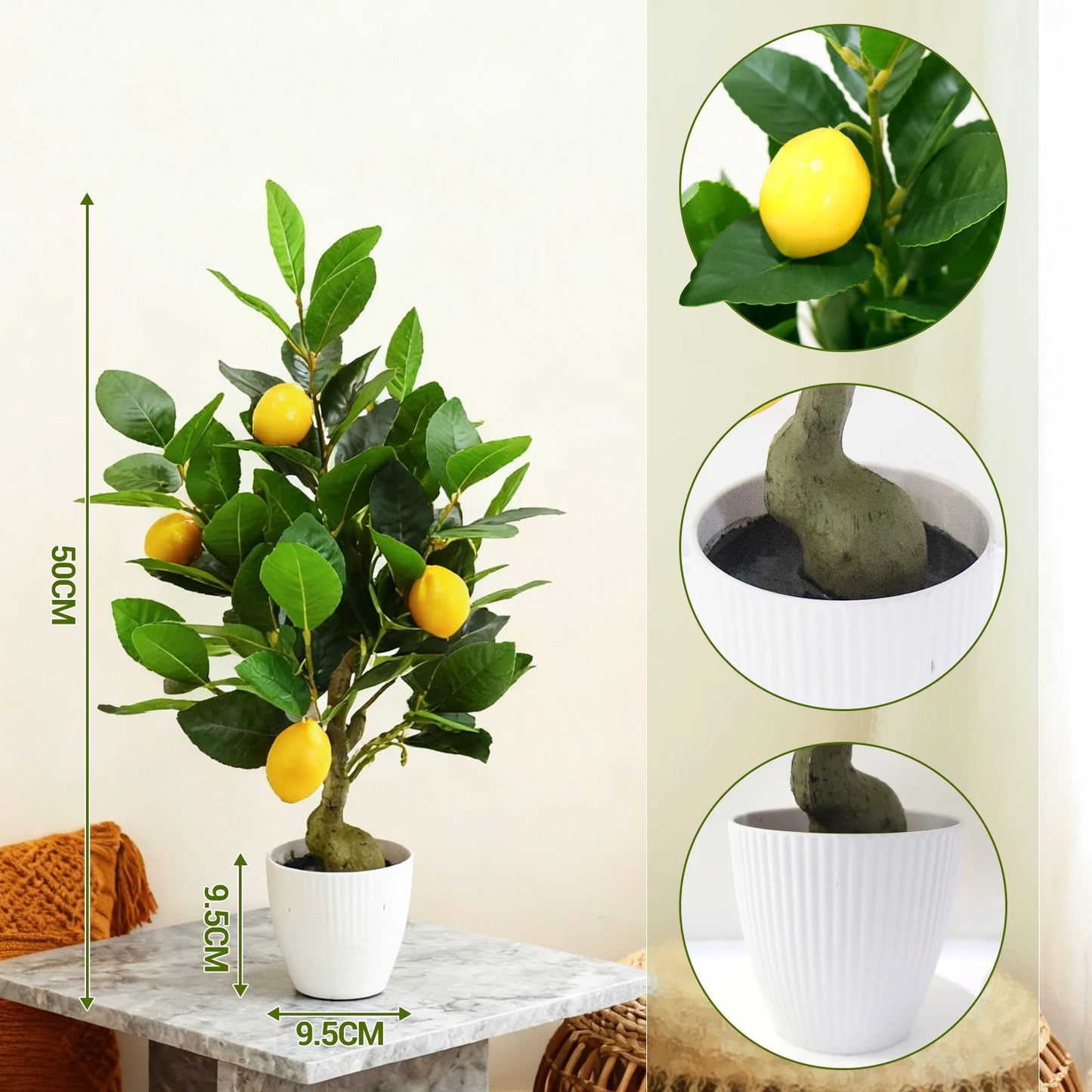 2pcs Artificial Lemon Tree 50cm Fake Orange Tree Faux Plants Citrus Tree with Pot for Home Living Room Table Desk Decoration