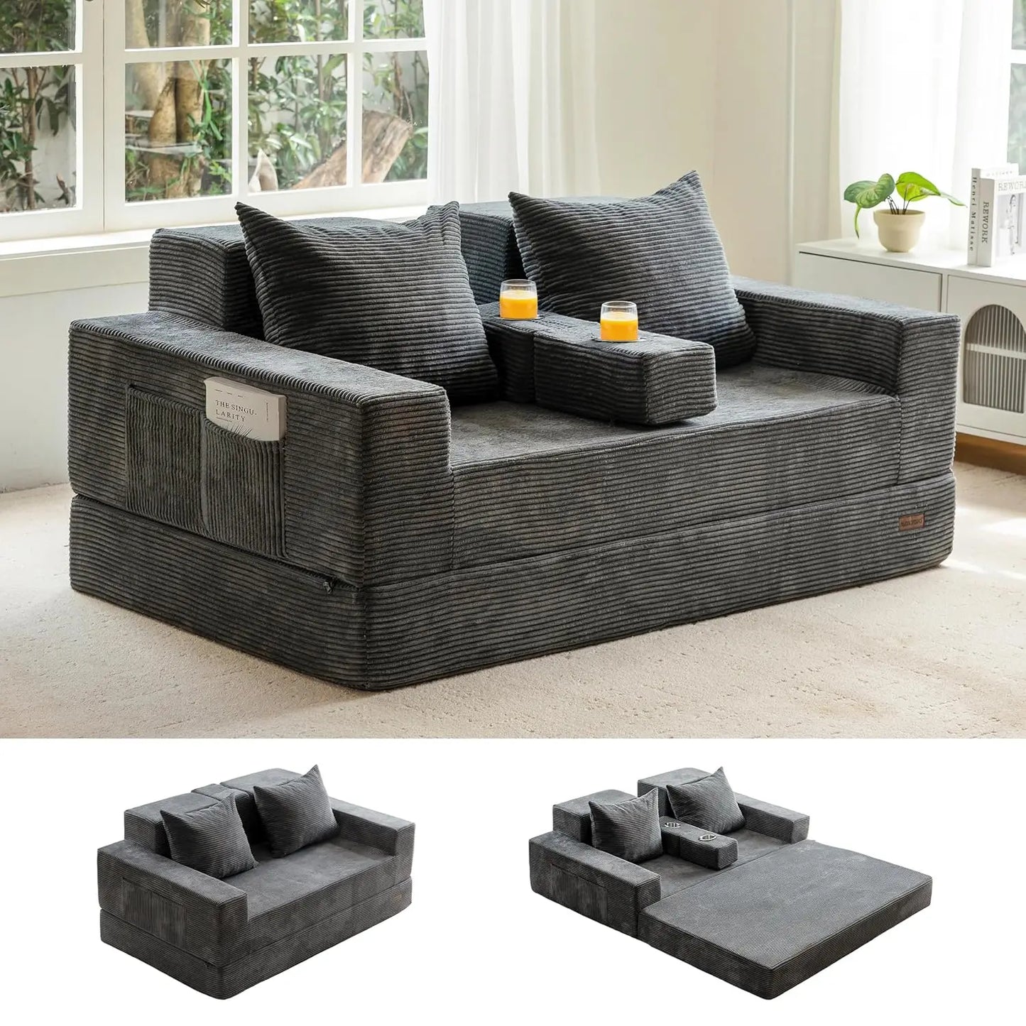 64in Foldable Loveseat Sofa Bed 4-in-1 Recliner Sleeper w 2 Cup Holders Floor Couch Living Room No Assembly Green Customized